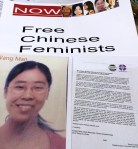 GCAP China colleague, Wang Man, pictured here with flyers and sign distributed at the protest in front of the United Nations during the Commission on the Status of Women (CSW) on March 18th. Women held photos of the Five Feminists arrested for making stickers on International Women's Day. March 8, 2015.